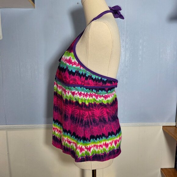 Athleta LT Pink Green Striped Floral Halter Tie Open Back Bathing Suit Top - Picture 7 of 10